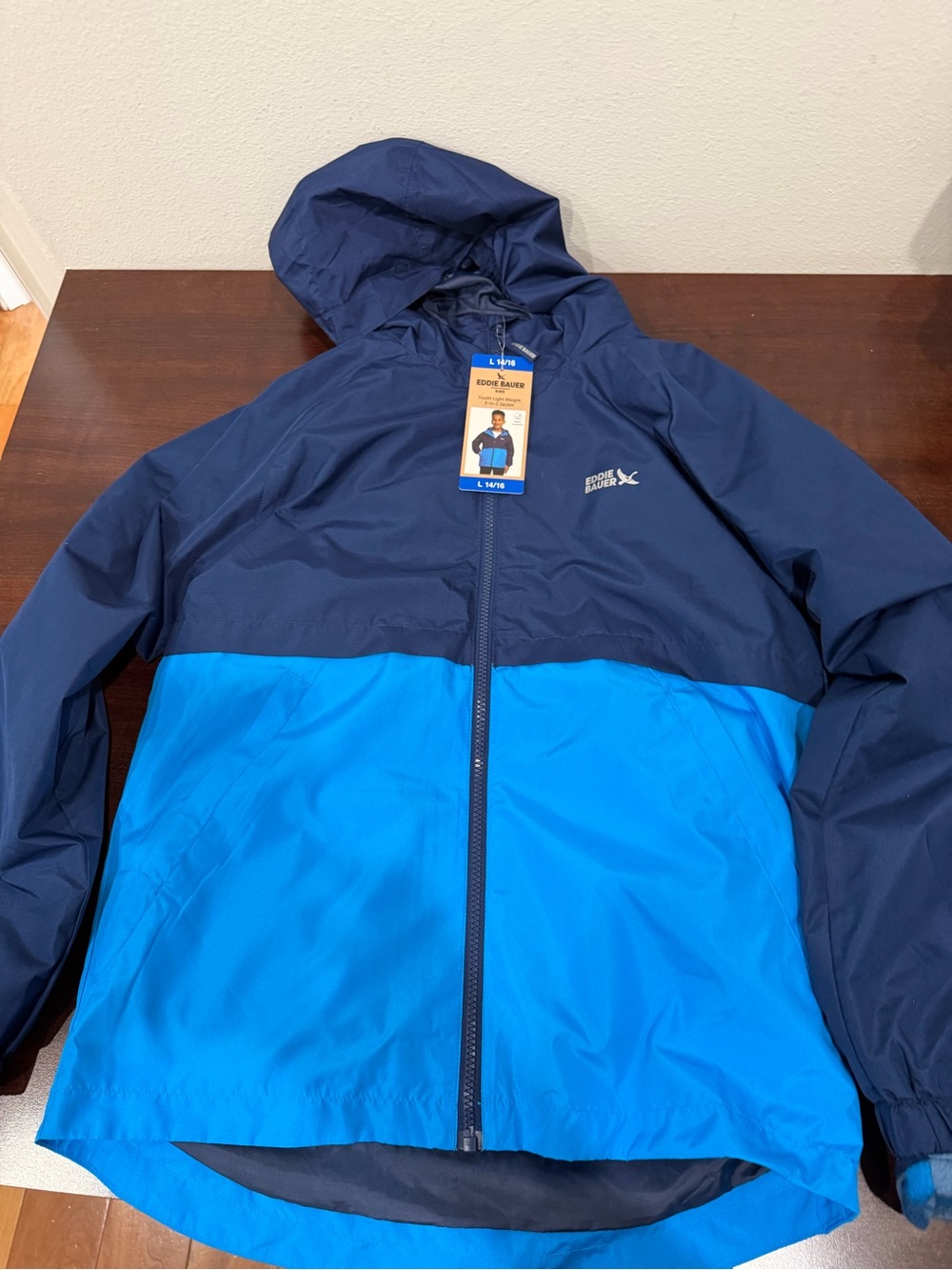 Eddie Bauer Boys Two-Tone Blue Hooded Windbreaker 3-in-1 jacket - size L (14/16)